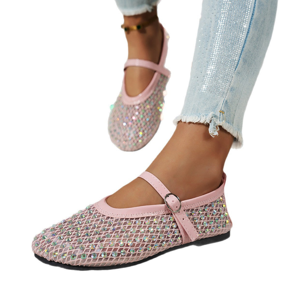 Women's flat shoes for cross-border e-commerce:  summer new collection - mesh mary janes with rhinestone embellishments, single strap casual flats