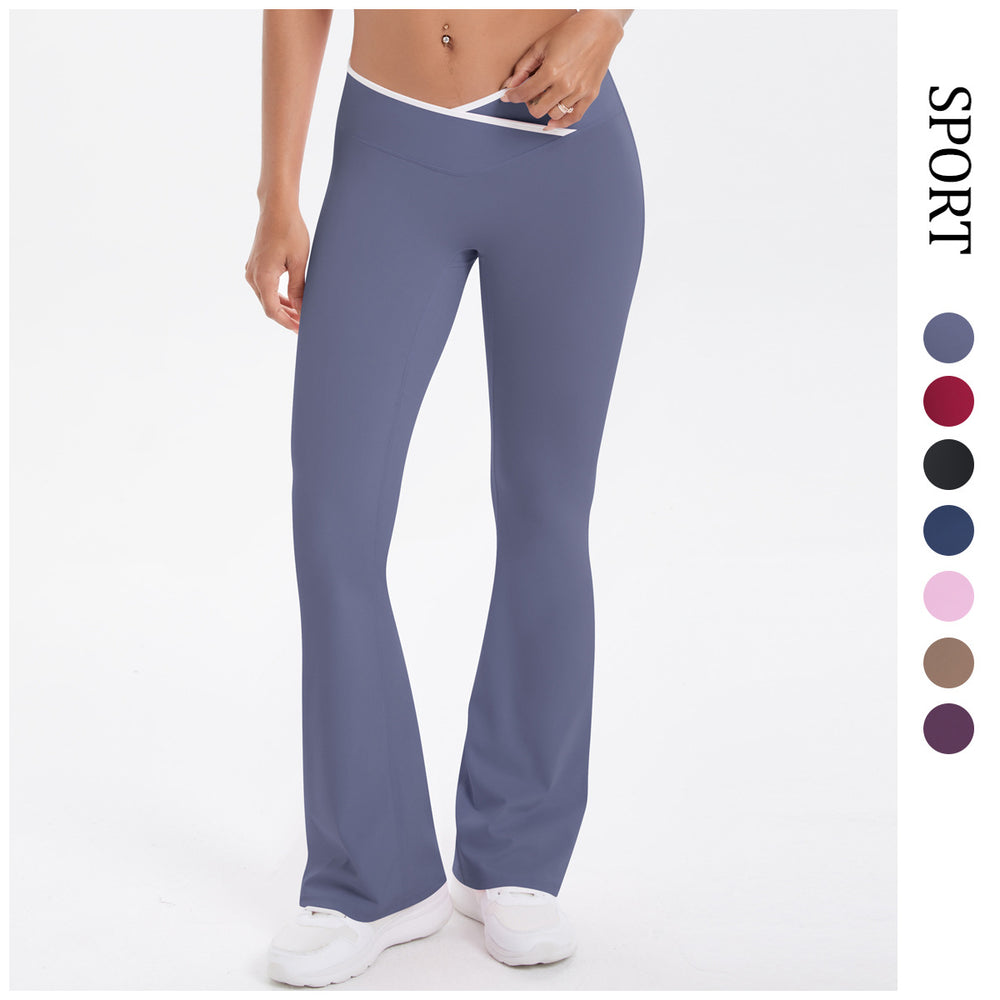 European and american nude feel tight yoga pants - color block crossover high waist wide leg flare leggings - quick dry athletic running fitness pants
