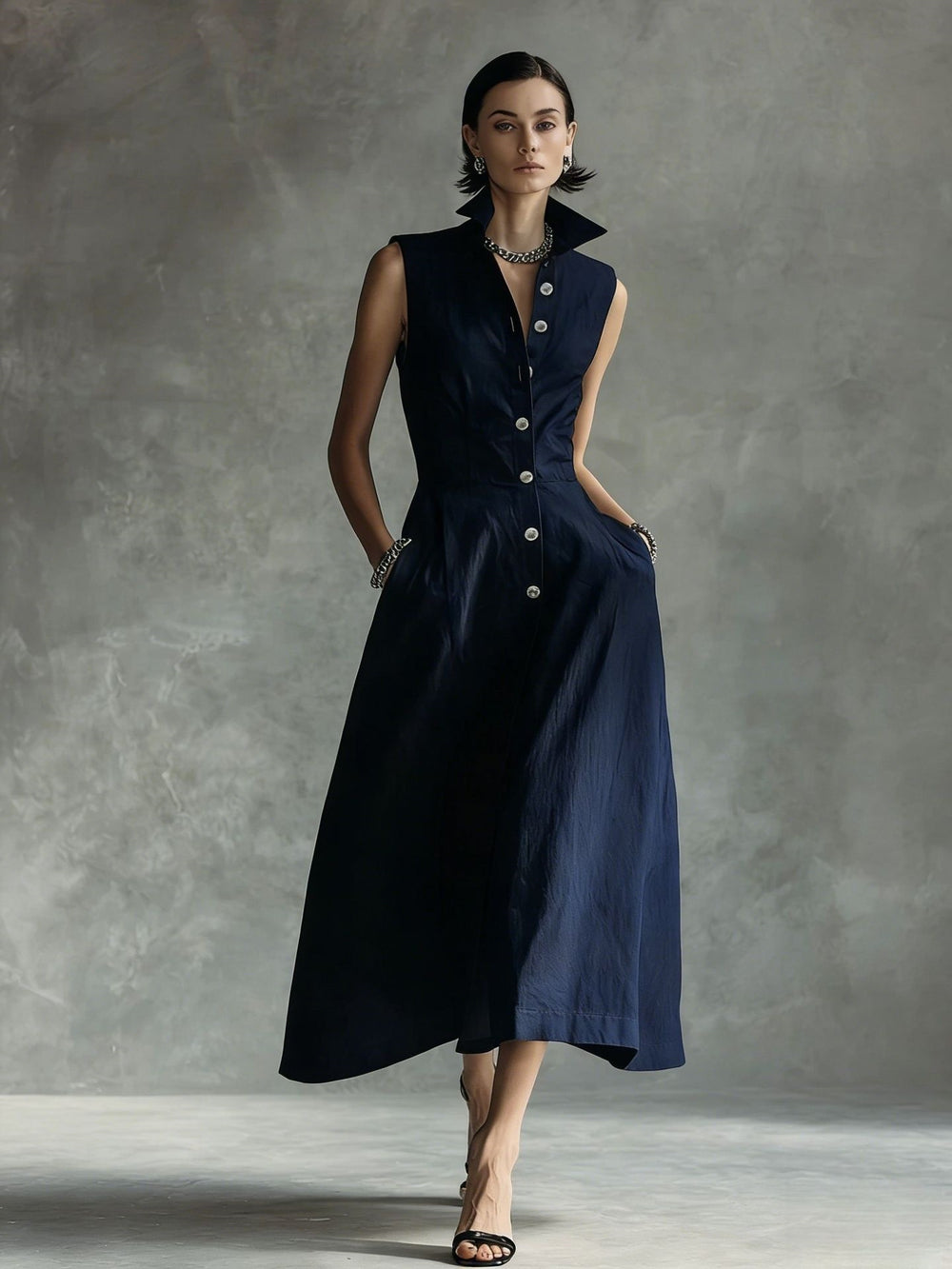 European and american cross-border independent station  summer new fashion casual stand collar elegant trendy button-down dress