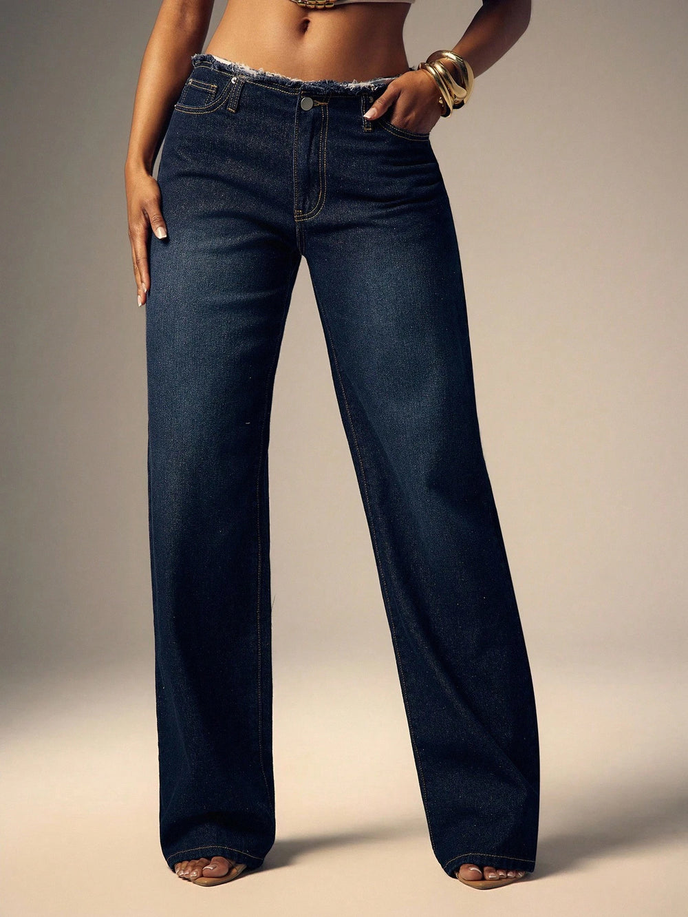 Fashionjeans women's dark blue raw edge waist high waist wide leg mop pants retroloosedraped denim pants
