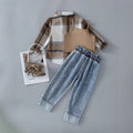 New arrivalautum cross-border girl's woolen lapel shirt suspender denim vest heavy washing water worker jeans three-piece set