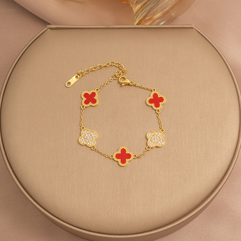 Non-fading titanium steel diamond four-leaf clover bracelet 18kclassyfashion charm bracelet fashion style five-flower bracelet