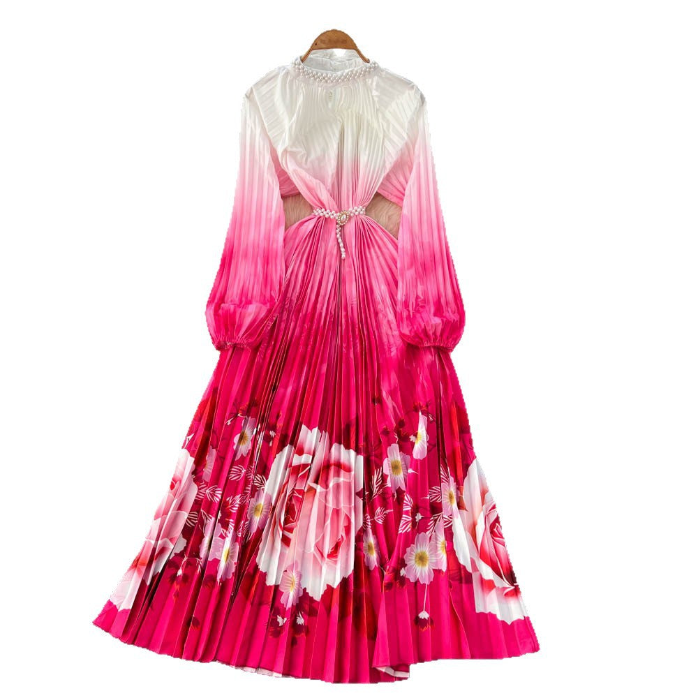 European and american style high-end beaded and printed pleated dress - women's gradient korean style long sleeve pearl button pleated maxi dress - commute friendly