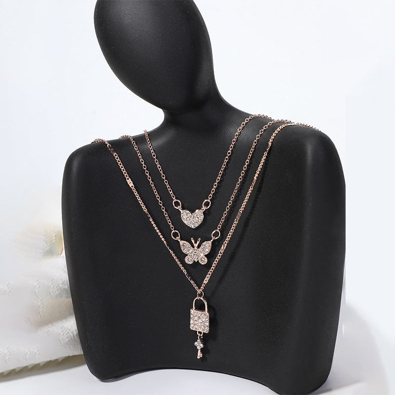 Butterfly love necklace wholesale fashionnew arrivalstylish jewelry key pendant multi-layer women's street photography crystal sweater chain