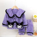 Girls' fall/winter kuromi flannel pajama set - kids' flannel cartoon lapel plush fleece thick loungewear