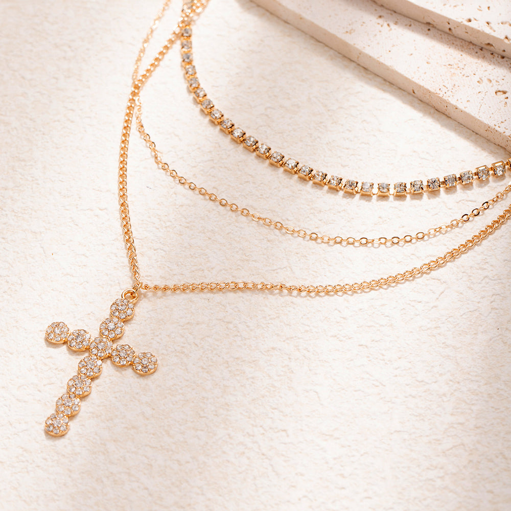 Full diamond cross necklace wholesale cross-border accessible luxury niche design pendant women's retro stacked high-end jewelry