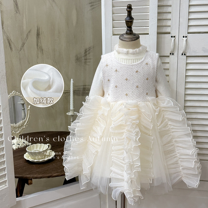 Girls' fleece-lined dress - new autumn/winter  collection: stylish wavy hem sundress, warm base layer, princess dress