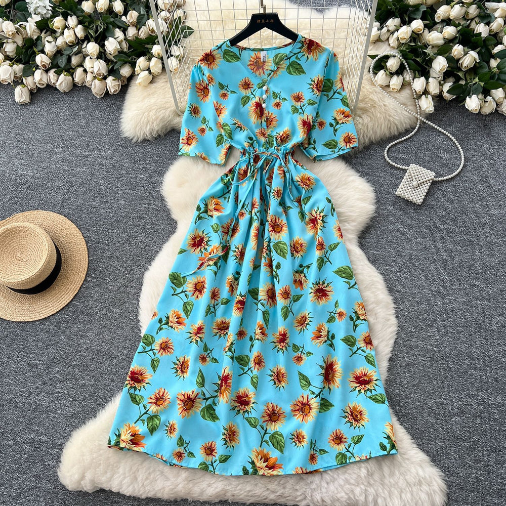 Frenchretrov neck drawstring waist short-sleeved printingdress women's summerslimming lookelegantretro over-the-knee long skirt