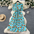 Frenchretrov neck drawstring waist short-sleeved printingdress women's summerslimming lookelegantretro over-the-knee long skirt