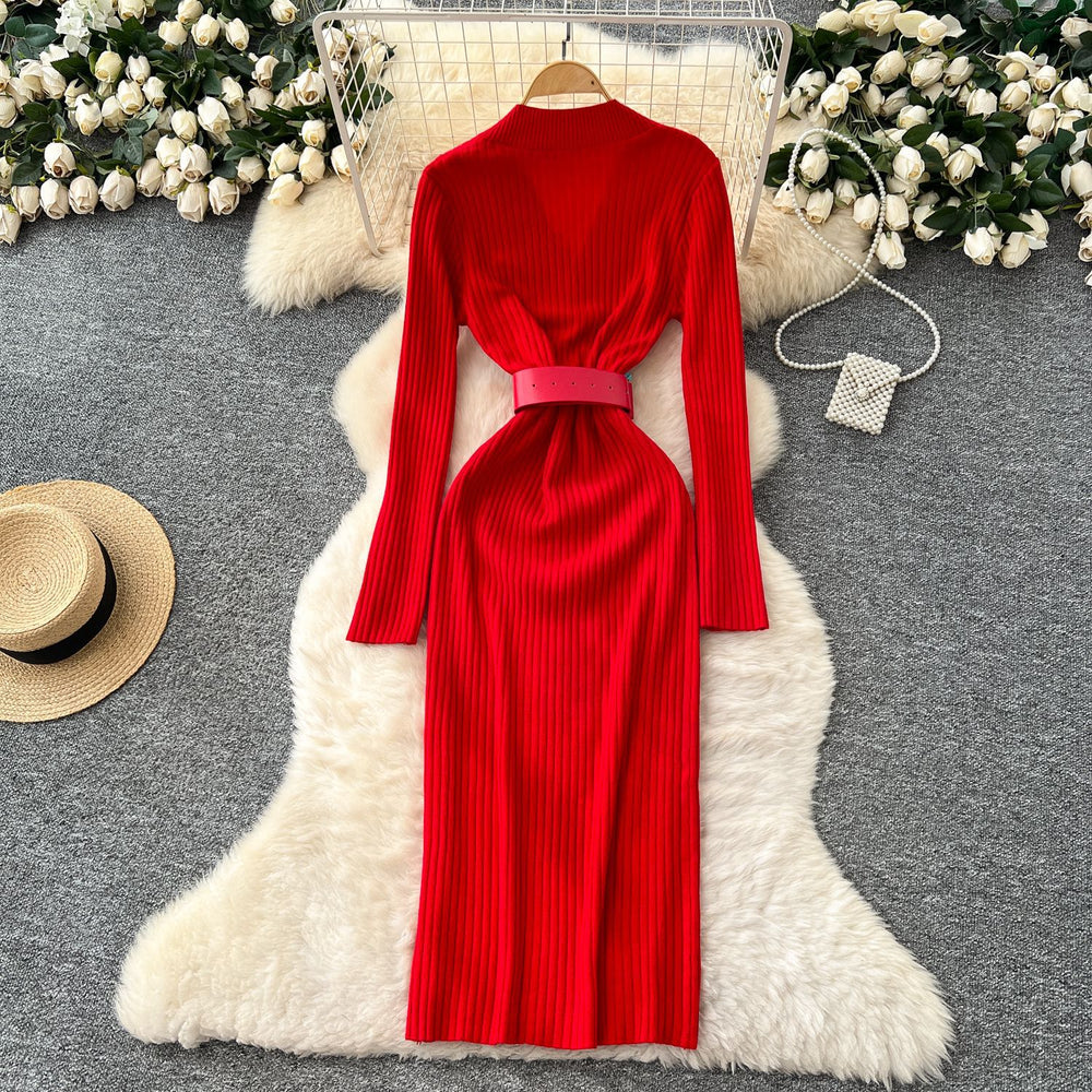 Minimalist chic solid color knit dress - women's autumn collection: criss-cross neck, belted waist, slim fit, stunning maxi dress