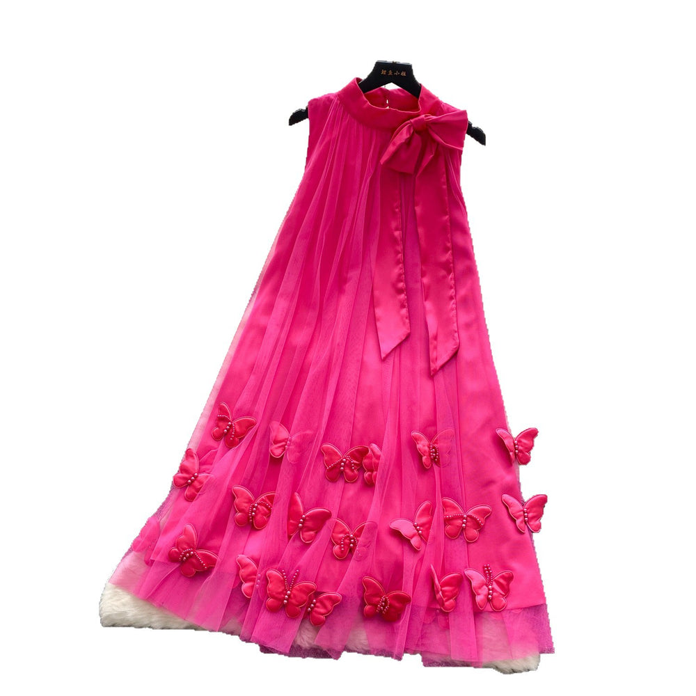Gentle wind neckline bows strap halter sleeveless dress female french stereo butterfly mesh fairy dress