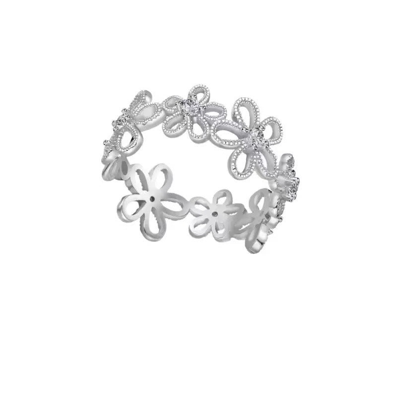 Lace garland sweet silver wide band flower rhinestone ring - unique design, affordable luxury, index finger ring, new 2026 collection