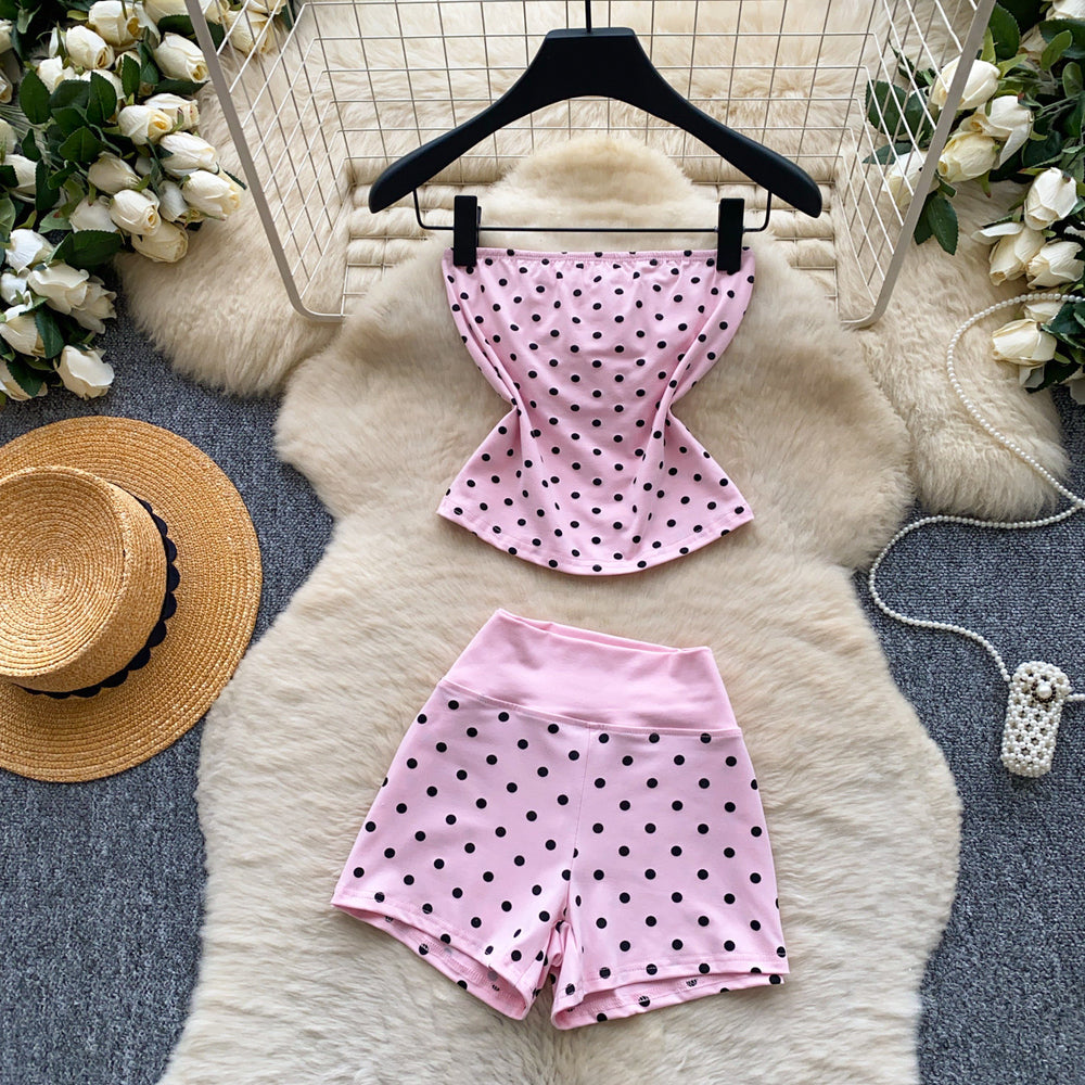 Gentle wind red polka dot tube top vest high waistshortstwo-piece set female summercasualslimming looksuit outfit