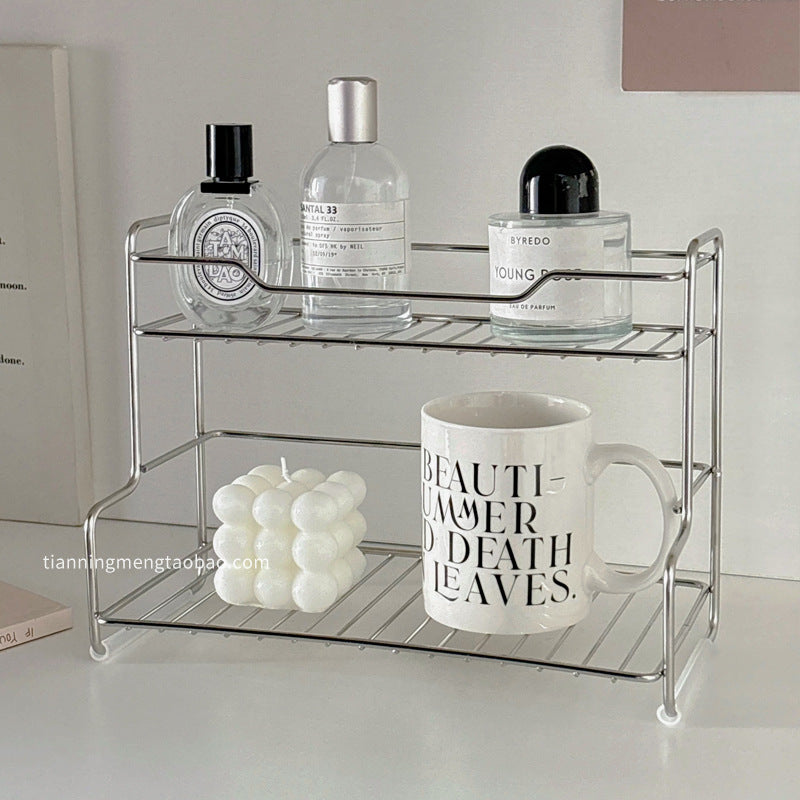 Multifunctional desktop vanity organizer - makeup storage, cup holder, tiered shelf, stainless steel storage rack