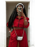 713 women's pant suit: fashionable sporty style zipper drawstring hem jacket + pocket wide-leg pants