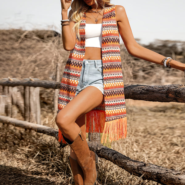 60270TBZ loose striped fringed cardigan 2025 autumn new product  popular European and American sleeveless top, women