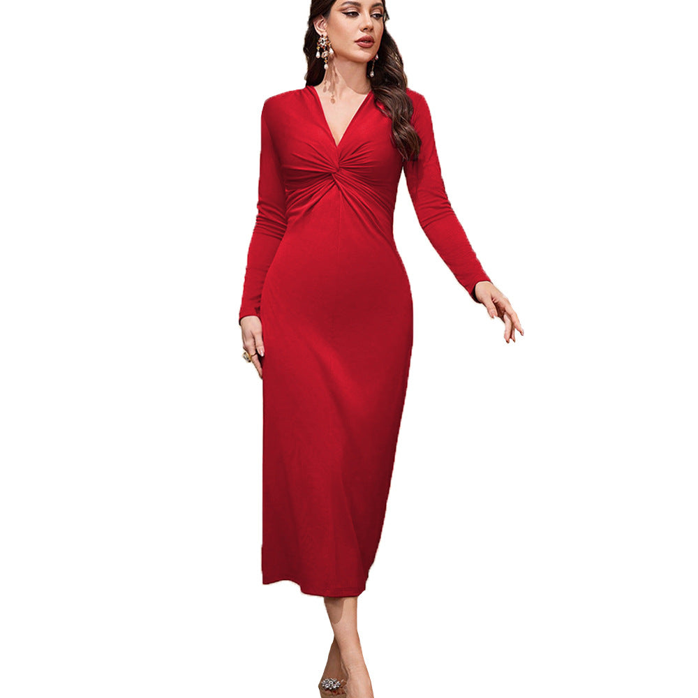 cross-border women's fashion french chic dress - spring/summer v-neck slimming red midi dress