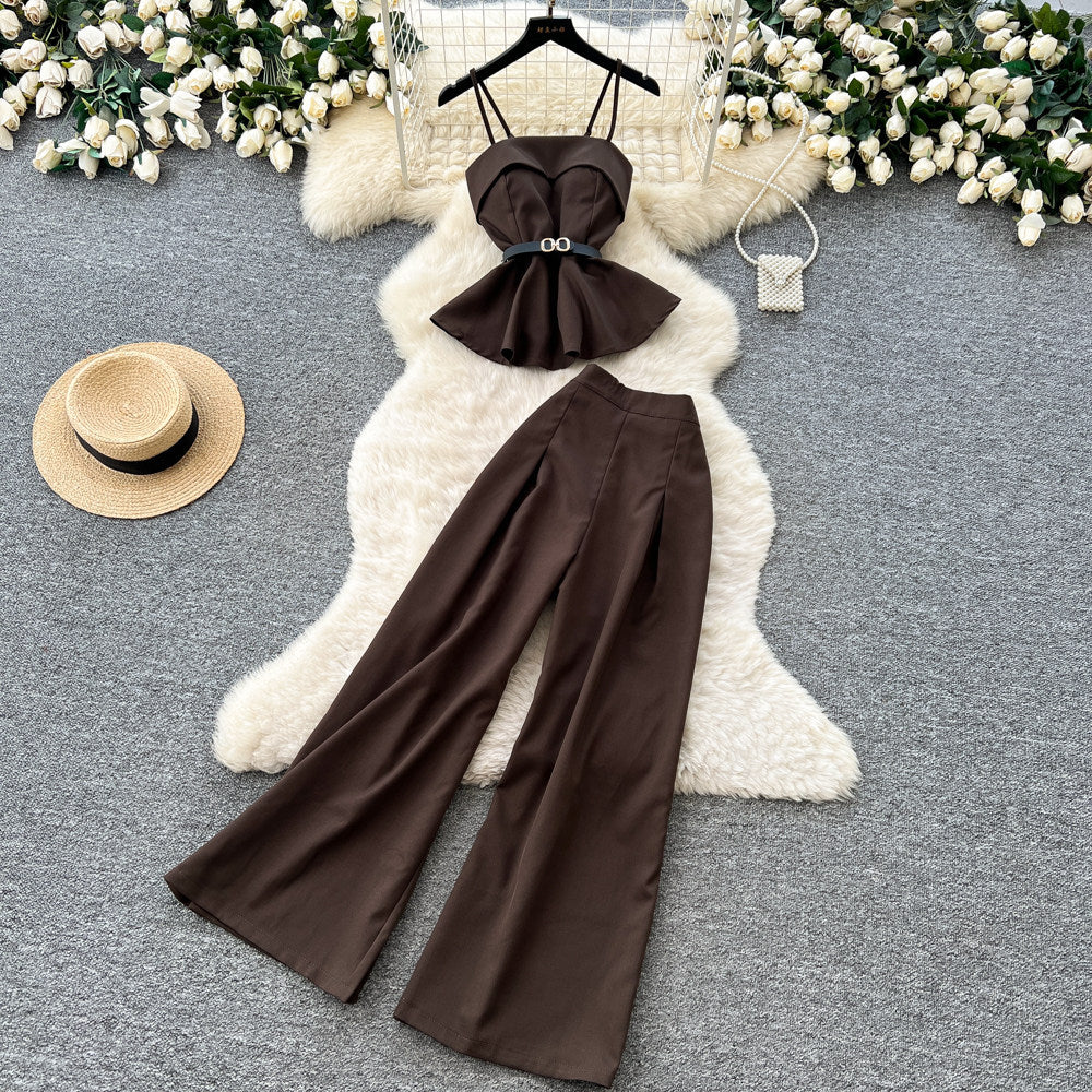 Minimalist style commuter set for women - spring/summer premium camisole & waist-cinching vest with high-waisted wide-leg pants (two-piece set)