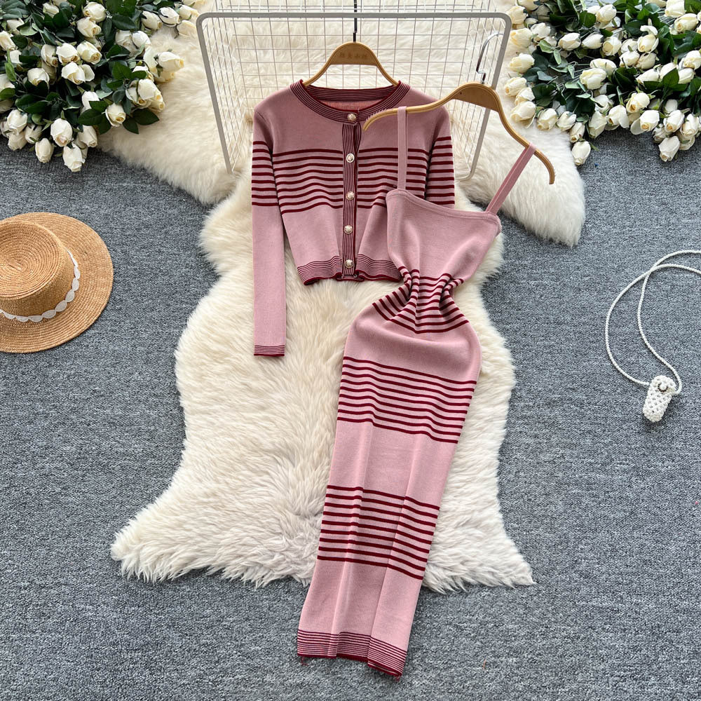 Autumn outfit set for women: high-end, fashionable color block striped knit cardigan with cinched waist cami bodycon dress