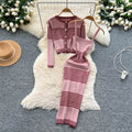 Autumn outfit set for women: high-end, fashionable color block striped knit cardigan with cinched waist cami bodycon dress