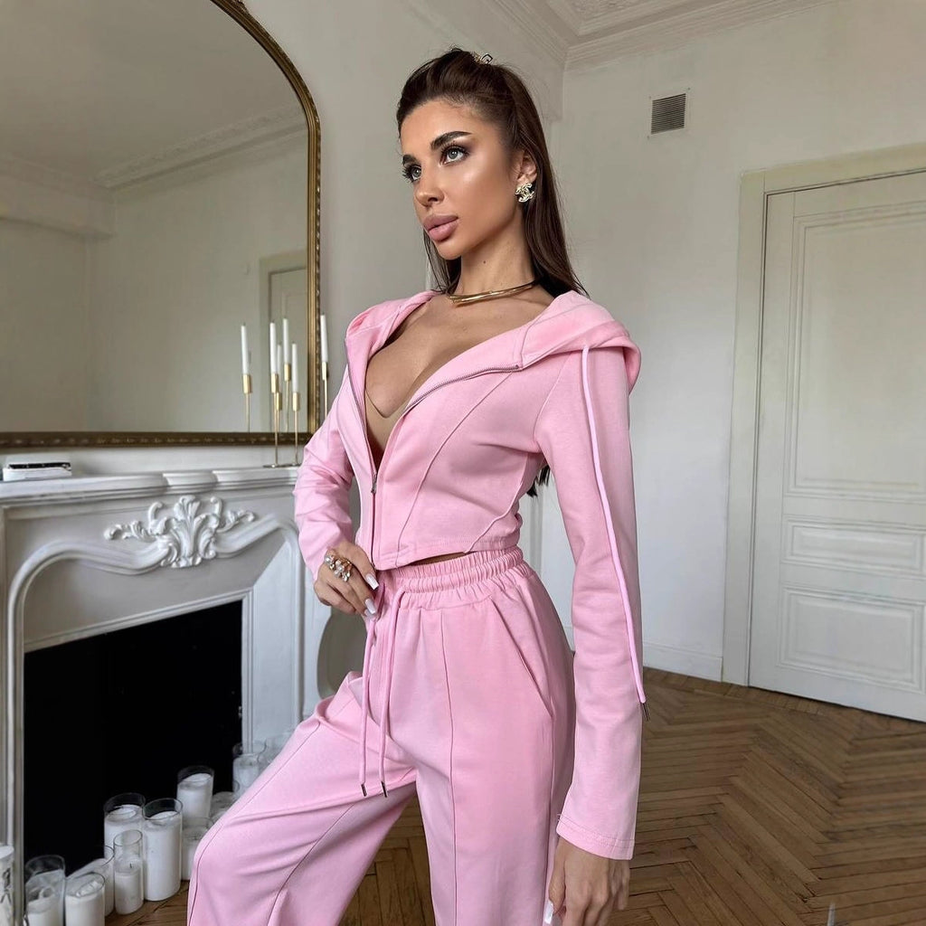 European and American  casual women's suit solid color long-sleeved waist sexy zipper cardigan lace-up trousers two-piece set