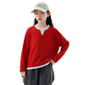 fake two-piece layered sweatshirtgirl waffle gridsv necklong sleeves t-shirt spring autumgirls fitted bottom shirt