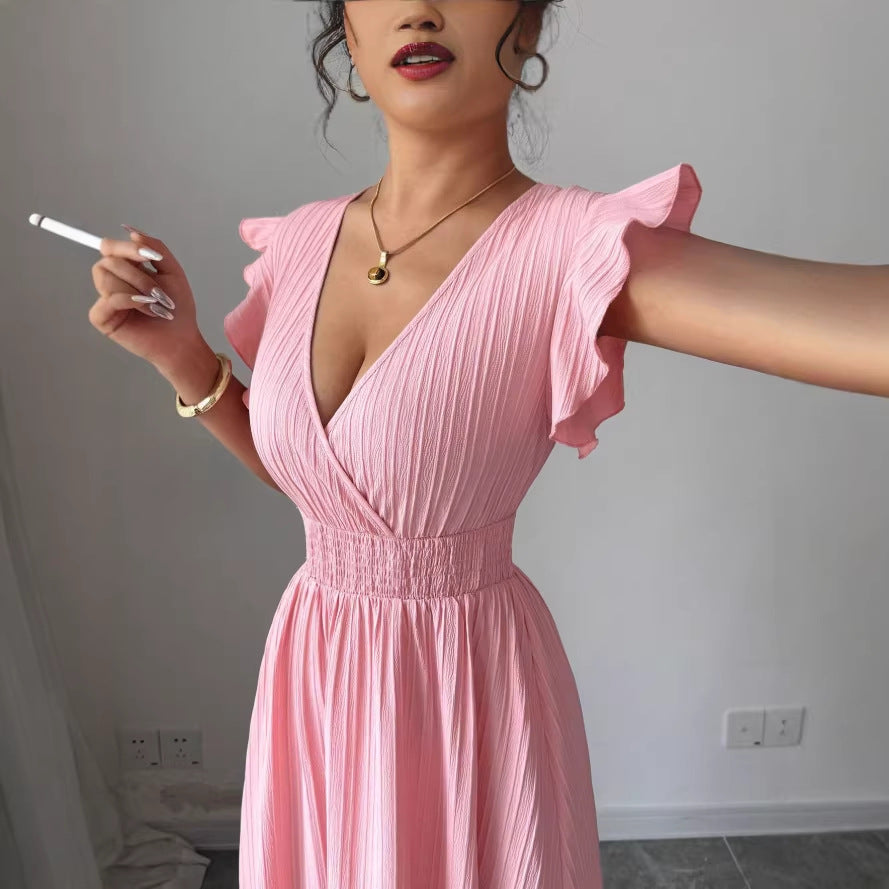 fashion cross-border french elegant waist v neck long dress pink dress