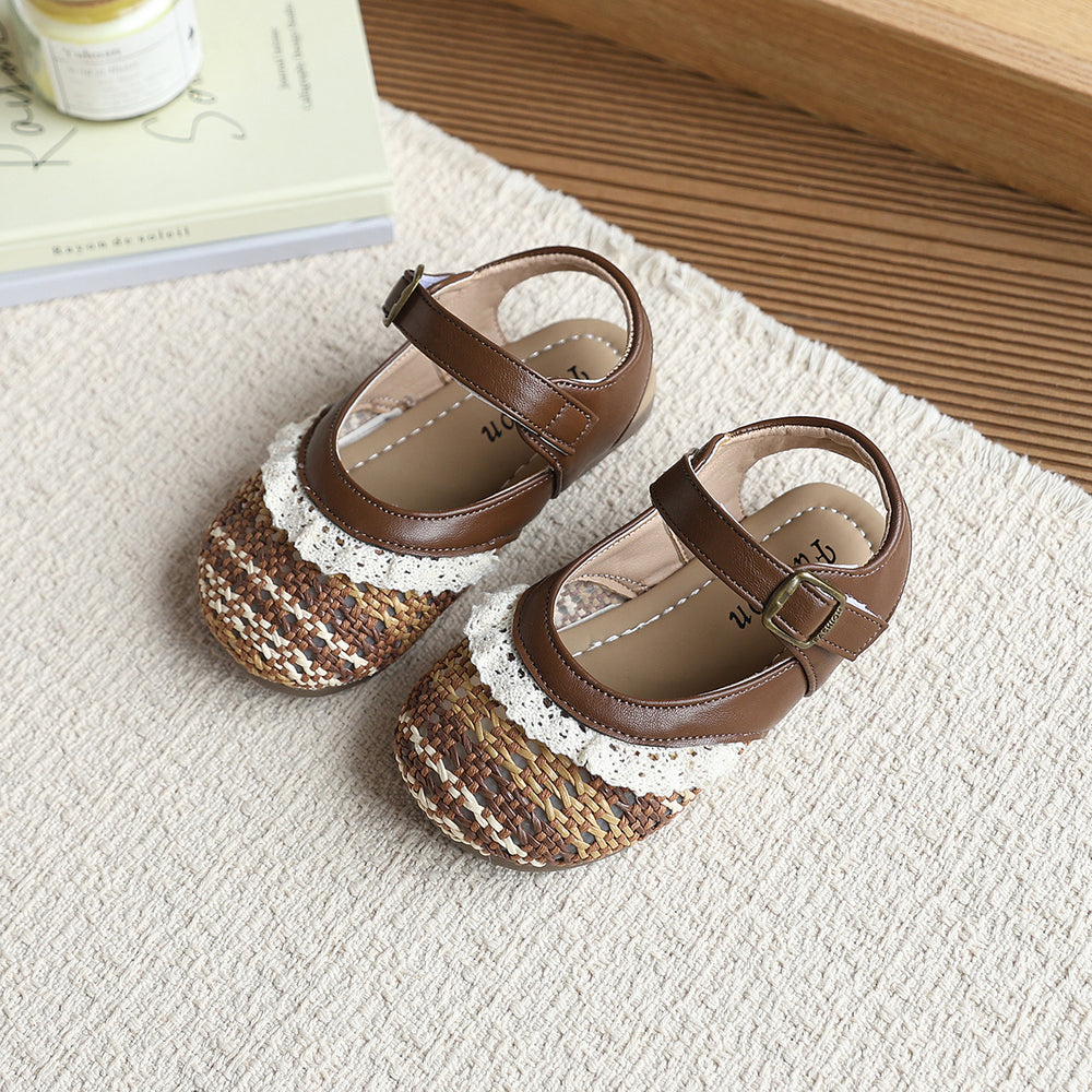 Girls' breathable new children's retro woven sandals summer closed-toe mary jane sandals lace soft sole beige
