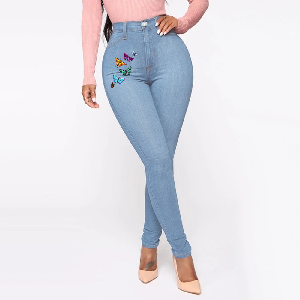 Independent station best sellingprinting butterfly jeans women's 4 flap pocket pants cross-border fashion style pants female sexyhigh waist