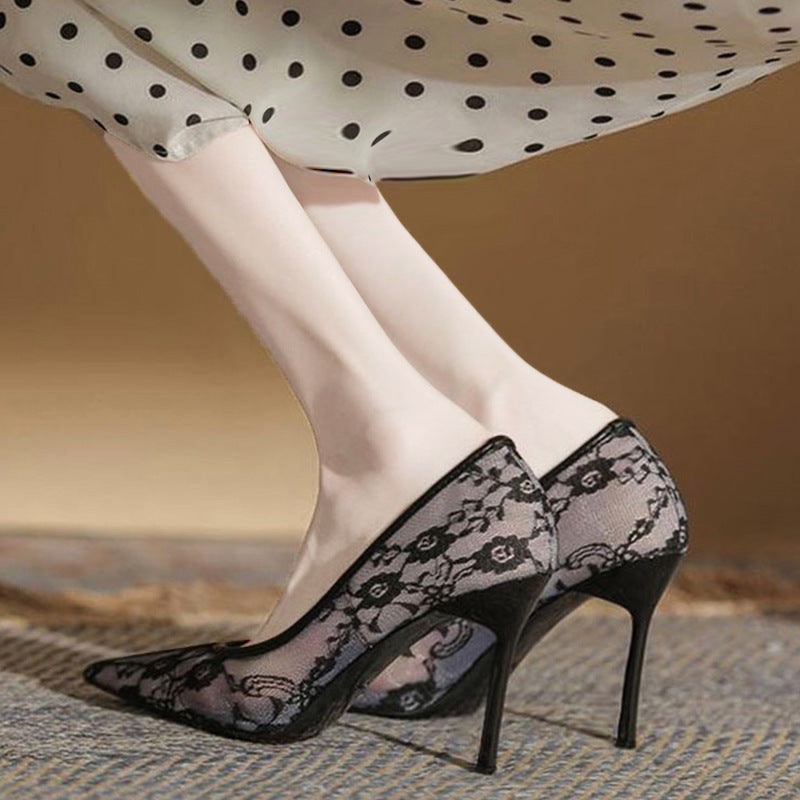 Breathable lace mesh high heels women's 2023 new summer design niche elegant pointed toe stiletto pumps