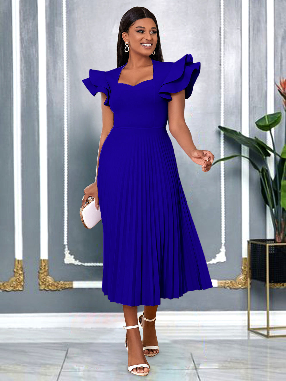 Am030117spring & fall purple square neck dress eleganceelegantcasualwork clothingpleated skirt dresses