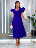 Am030117spring & fall purple square neck dress eleganceelegantcasualwork clothingpleated skirt dresses