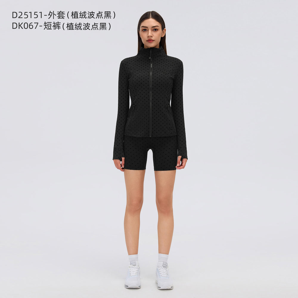 Big brand same style beautiful black polka dot yoga leggings women's stand collar jacket outwear silmslimming look sports suit