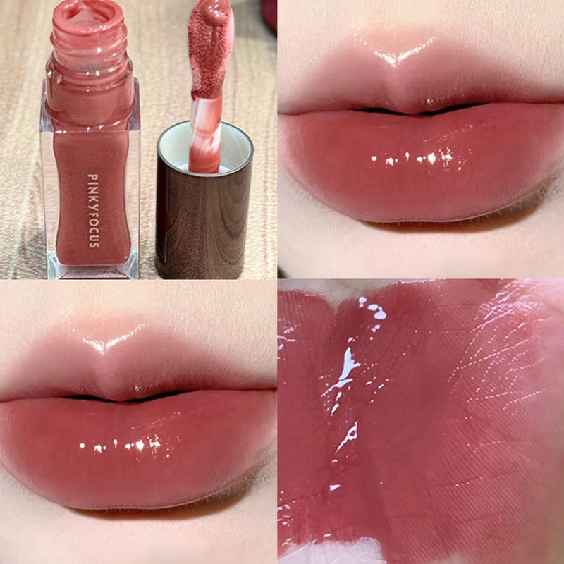 PinkyFocus crimson light transparent lip gloss, long-lasting color rendering, not easy to take off makeup, water light mirror glass lip tender lip glaze