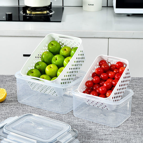 Transparent belt drain basket fresh-keeping box three-piece set, microwave portable, sealed box with lid, snap-on food storage box
