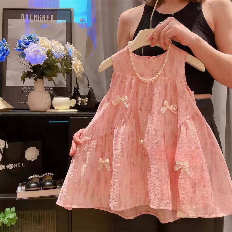 girls' sweet korean style breathable dress - new summer sleeveless bowknot pink princess dress for baby girls