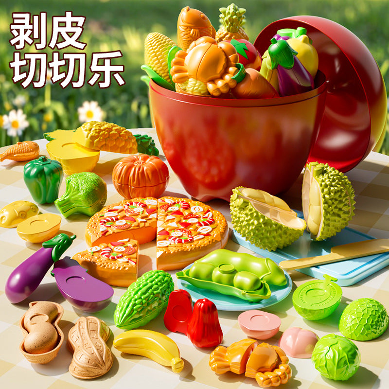 Kids' pretend play fruit toy set - realistic fruits & vegetables (durian included) - apple bucket storage - educational toy for girls ages 3-6