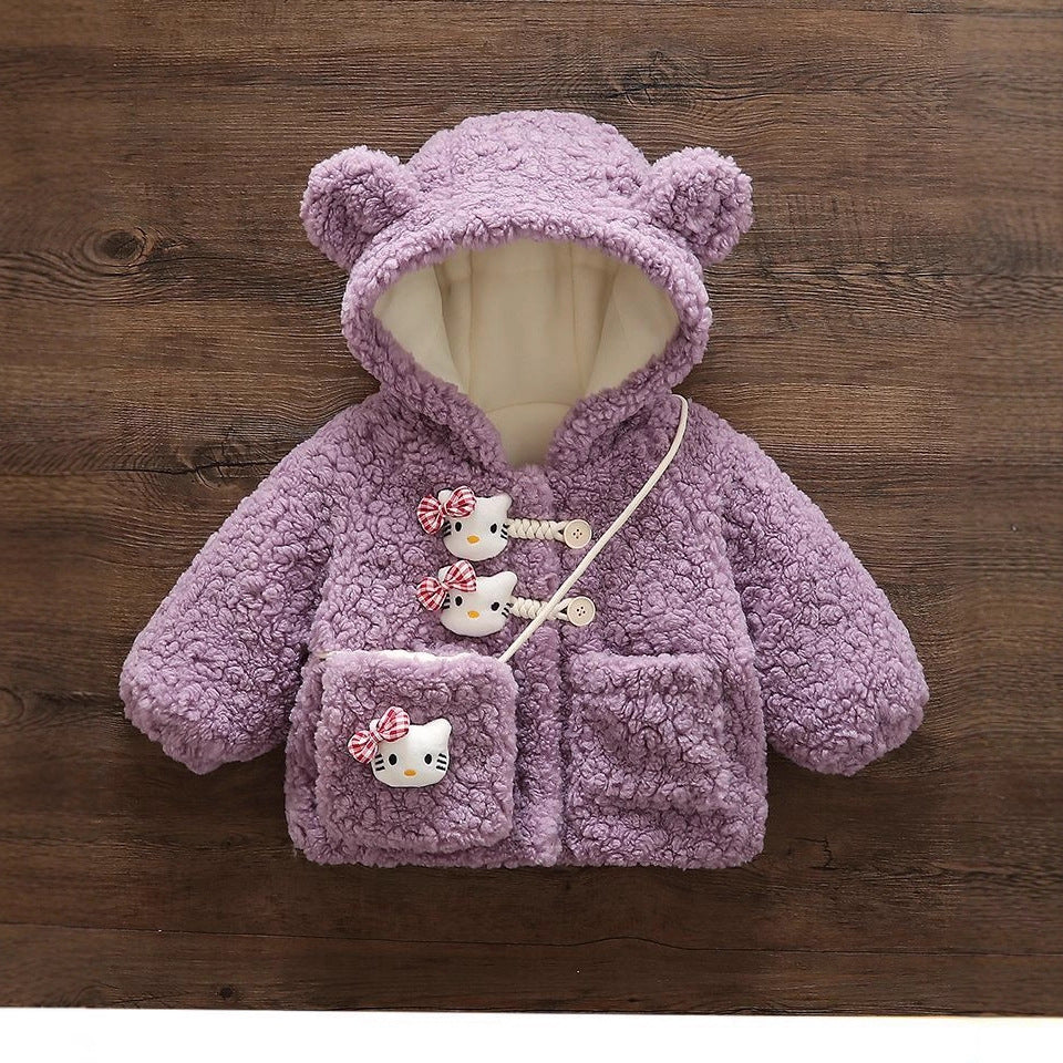 New girls' winter fleece-lined thickened fuzzy sweater, toddler cartoon rabbit cotton jacket, hooded baby girl padded coat - direct from the manufacturer
