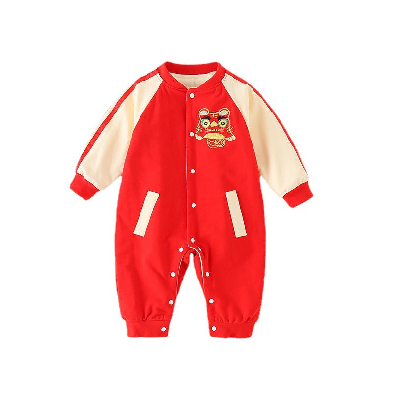 Baby fall and winter wear chinese style long sleevesfleece-lined khaki full moon suit tiger head first birthday dress climbing suit national trend