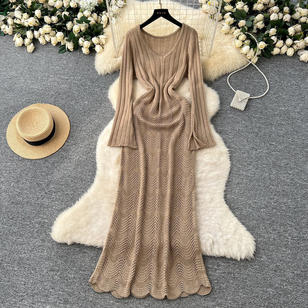 Sweater dress women's layered inner suspender skirt two-piece set spring korean style classy sense cut outknitting long skirt
