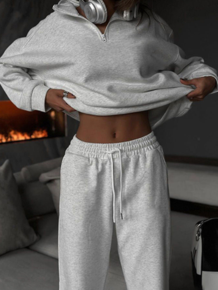 Cross-border independent station casual women's clothing fashion semi-turtleneck long-sleeved sweater sweatpants set loose solid color two-piece set women