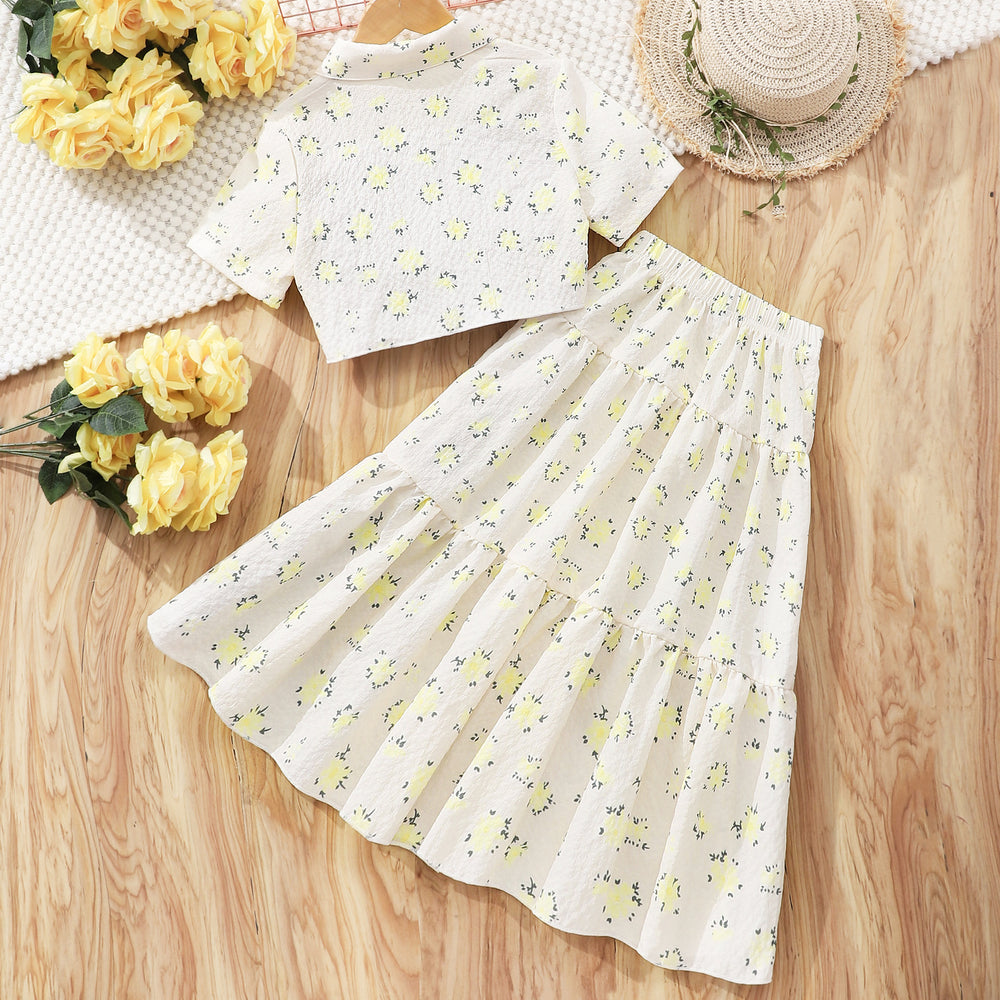 new arrival female youth short-sleeved lapel flower printing + skirt suit one piece dropshipping