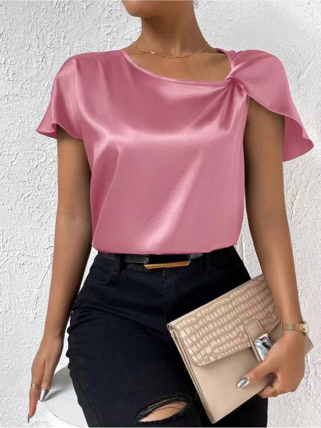 european and american export cross-border supply summer satin short-sleeve top - satin twist knot solid color loose fit versatile women's top
