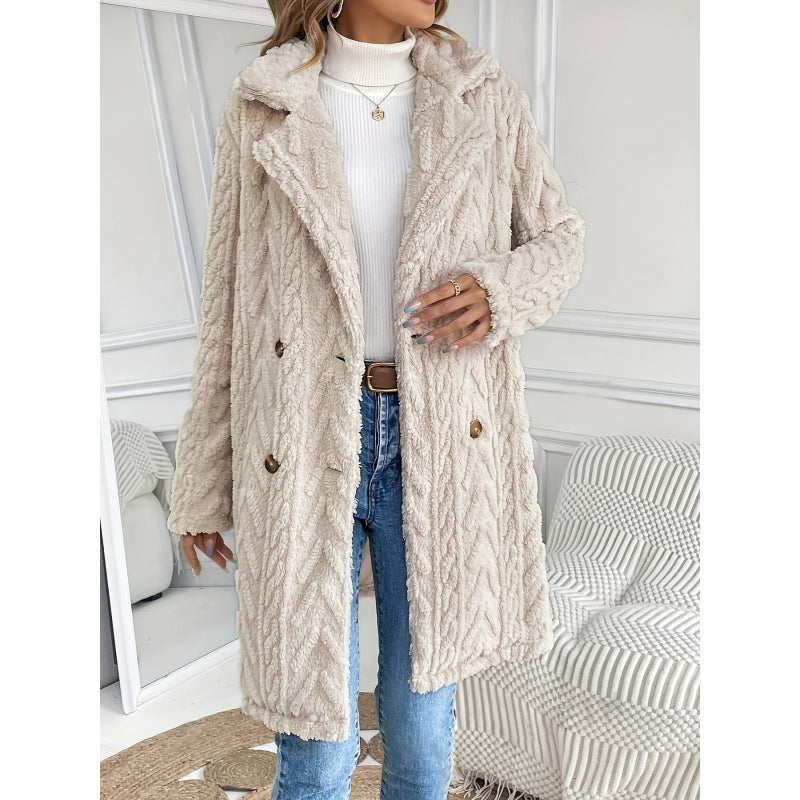 Europe and the United States  popular hot-selling double-sided plush socket casual double-breasted cardigan medium and long coat women~ independent station