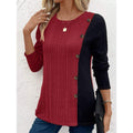 Women's color block ribbed long sleeve top - crew neck button detail patchwork casual shirt