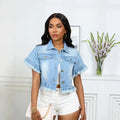 Amazon  cross-border fashion trendy turn-down collar washed fringe denim jacket shirt for summer (us/eu)