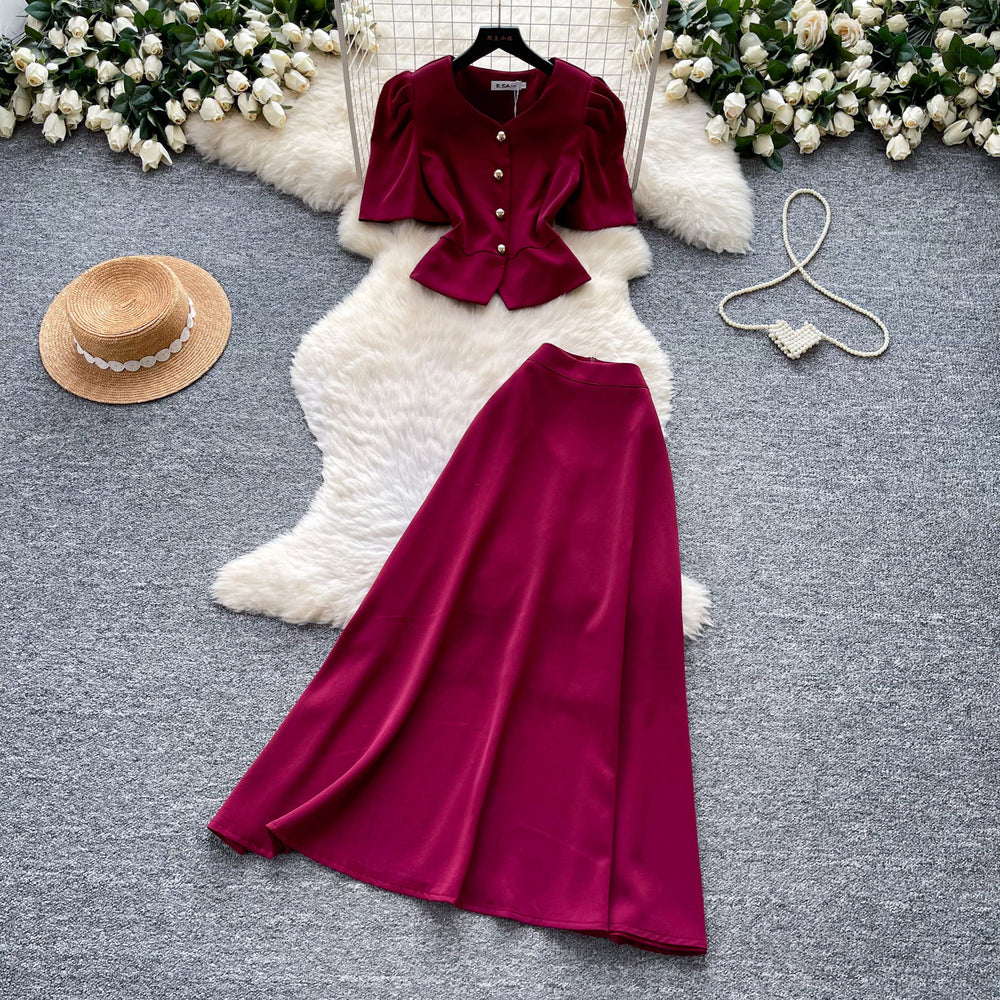 Luxury chic wine red puff sleeve top and high-waisted maxi skirt two-piece set - women's summer commute outfit, slim fit and figure-flattering