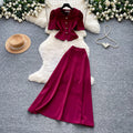 Luxury chic wine red puff sleeve top and high-waisted maxi skirt two-piece set - women's summer commute outfit, slim fit and figure-flattering