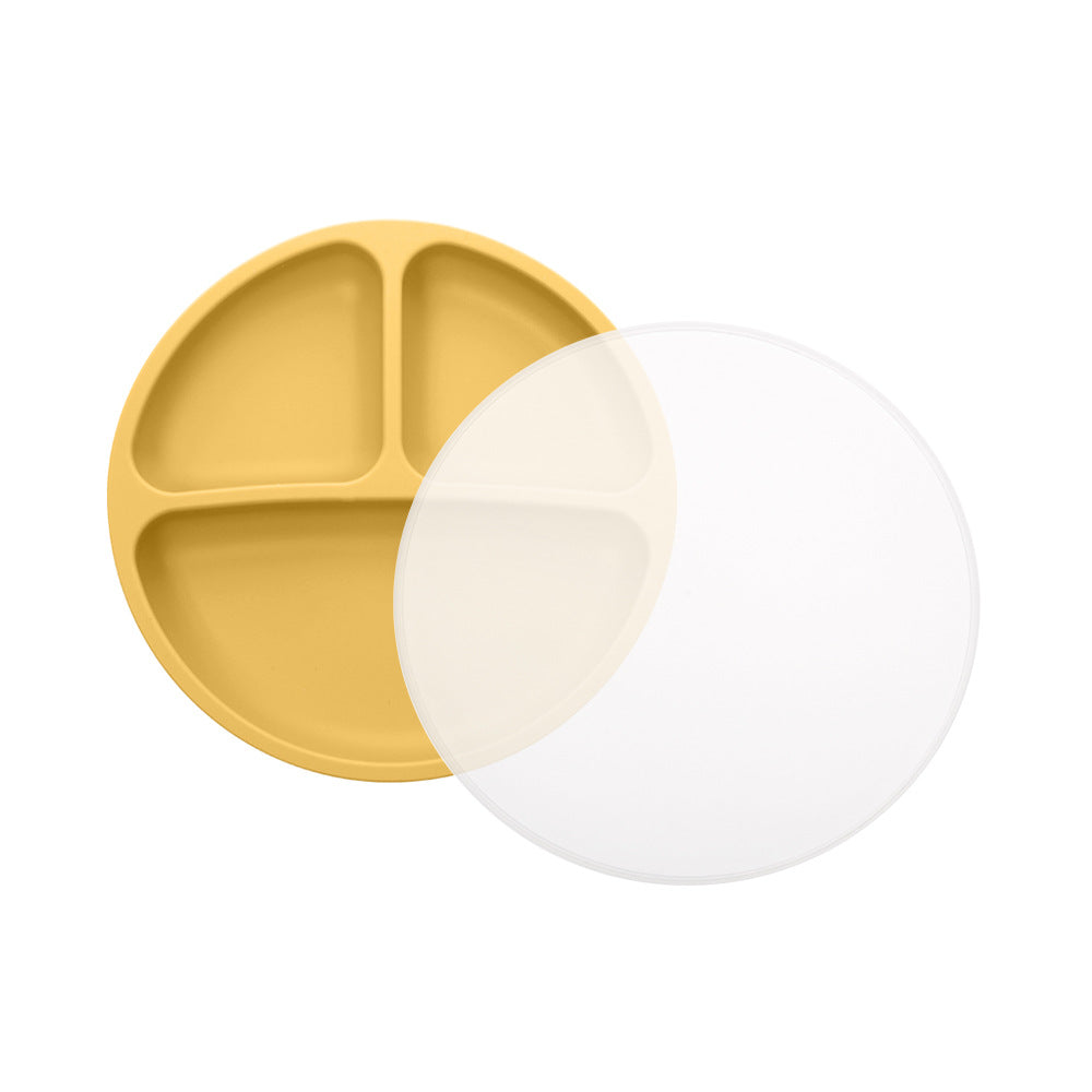 Children's silicone round three-grid plate with PP lid tableware set Baby feeding complementary food plate with small suction cup
