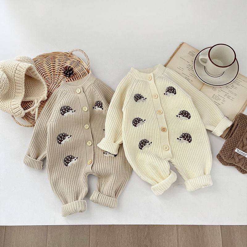 Baby fall and winter clothing one-piece clothes baby boy cartoon hedgehog knitting khaki girl thickenedsweateroutwear climbing suit